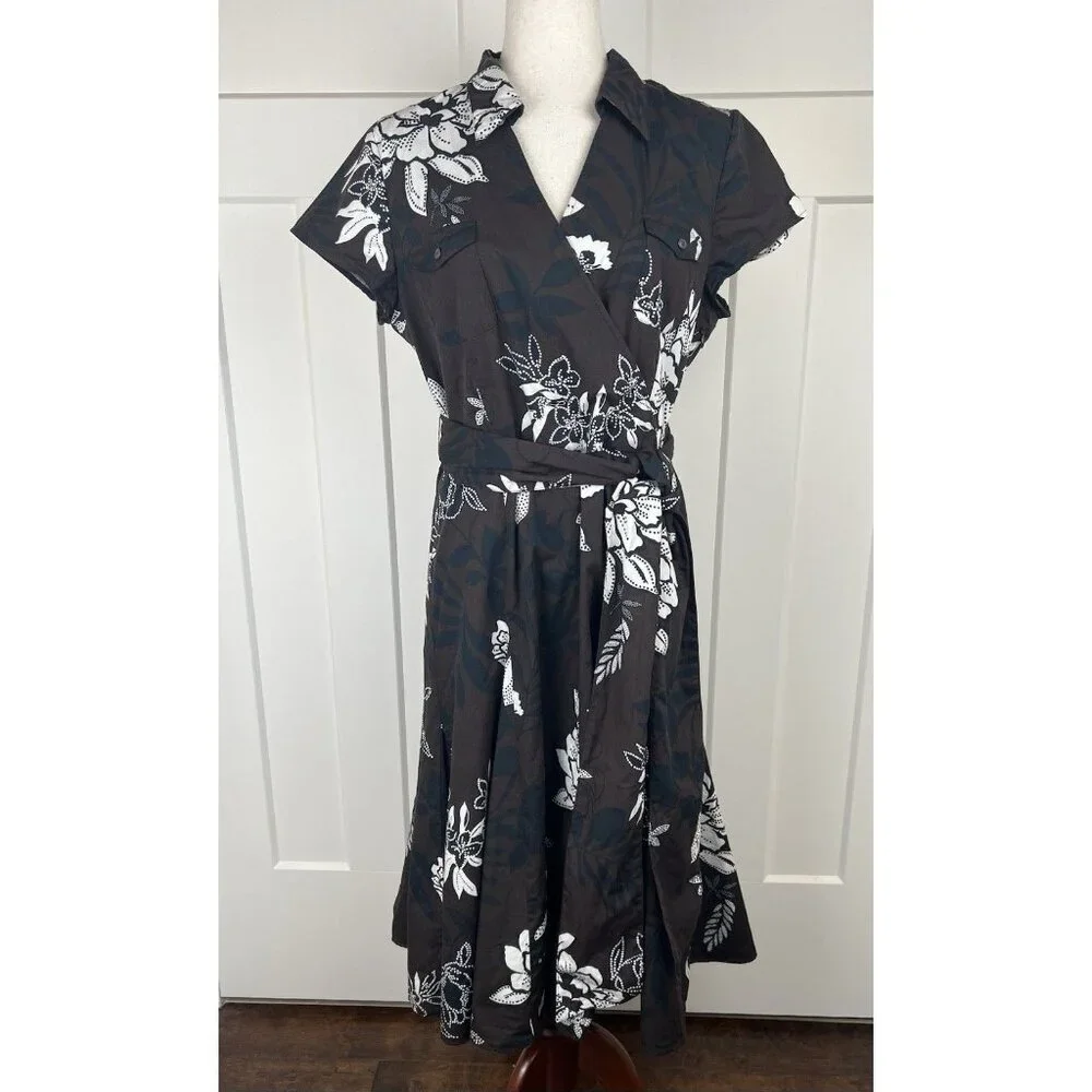 Talbots Fit & Flare Dress 12 Brown Cream Floral Faux Wrap Belted Midi - Picture 1 of 10